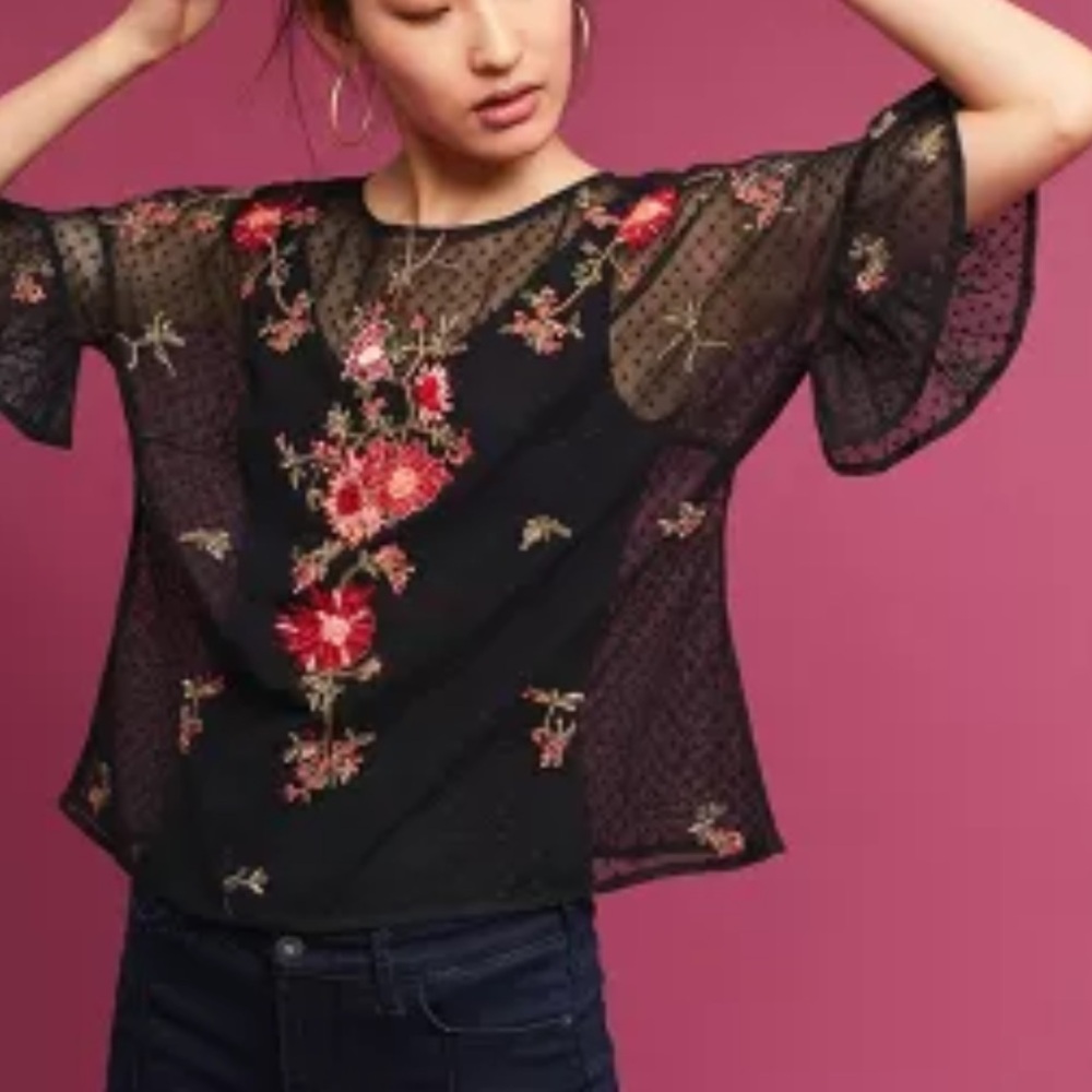 Anthropologie Maeve Cadiz Mesh Sheer Black and Floral Embroidered Top Medium